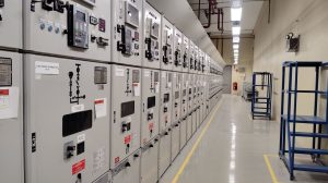 Long row of control panels in an industrial electrical control room.